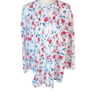 Woman Within Wm’s Sz 18/20 White Floral Pleated Front Collarless Button Shirt